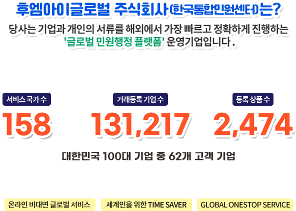 후엠아이글로벌 주식회사 (한국통합민원센터)는? 당사는 기업과 개인의 서류를 해외에 가장 빠르고 가장 정확한 '글로벌 민원행정 플랫폼' 운영 기업입니다